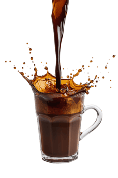 Cascading elixir, aromatic beverage creating a dynamic crown of liquid against an inky space png