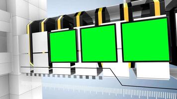 Green screen monitor display animation background for broadcast news studio set design template, short news intro with green screen animation video
