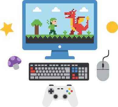 Flat Illustration Computer Screen Gaming Setup Pixel Art Digital Entertainment vector