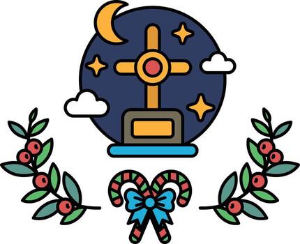 A black and white drawing of a cross and a globe with a star on it vector