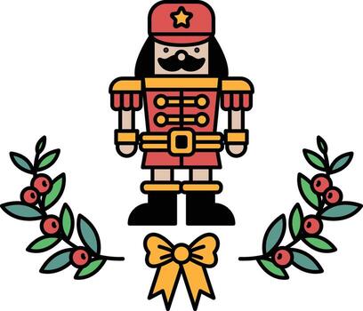 un rojo y amarillo cascanueces soportes en frente de un guirnalda de hojas y bayas vector