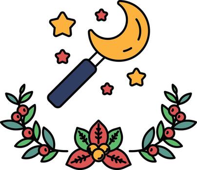 A black and white drawing of a crescent moon with a stick in the middle of it vector