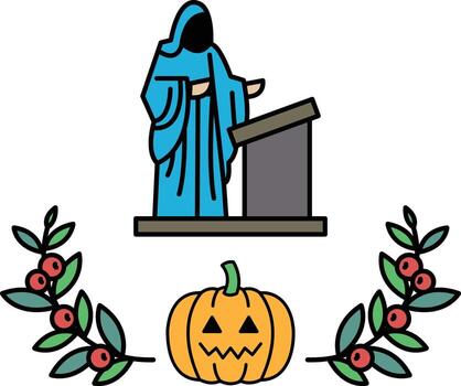 un hombre es en pie en frente de un podio con un calabaza y un cruzar vector