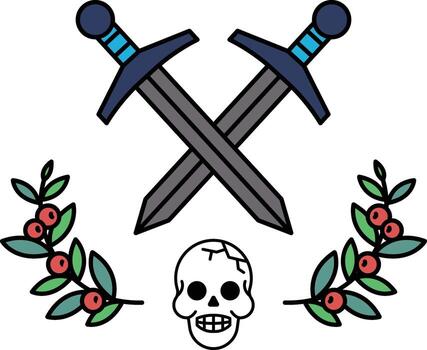 A skull is placed between two swords, with a leafy border surrounding the image vector