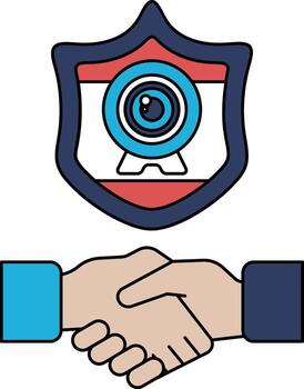 A black and white image of two hands shaking with a camera in the middle vector