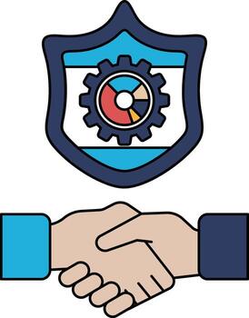 un negro y blanco dibujo de dos manos sacudida manos en frente de un proteger con un vector