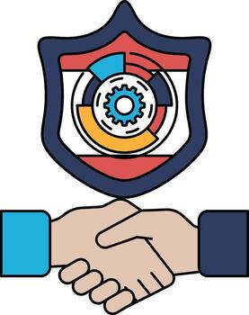 A black and white image of two hands shaking with a shield in the background vector