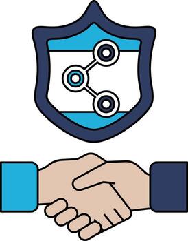 A handshake between two people is shown with a shield in the background vector