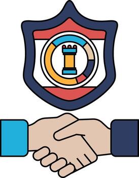 two hands shaking over a shield with a chess piece on it vector