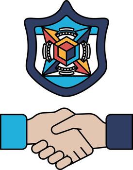 two hands shaking over a shield with a cube on it vector