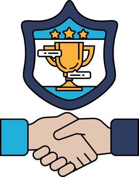 two hands shaking over a shield with a trophy vector