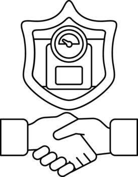 A black and white drawing of two hands shaking hands in front of a scale vector