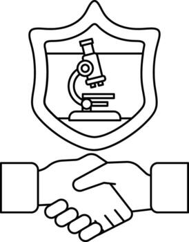 A black and white image of two hands shaking with a microscope in the background vector