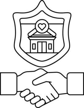 A black and white drawing of two hands shaking a shield with a house on it vector