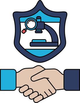 A black and white image of two hands shaking with a microscope vector