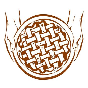 Hands holding pie, top view. Manually drawn image in outline, sketch, doodle. Design element on a white background. vector