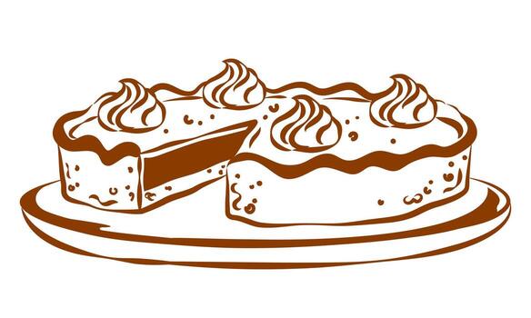 Sweet, open pie with filling and whipped cream, pumpkin, berry, fruit. Hand drawn image in outline, sketch, scribble. Design element on a white background. vector