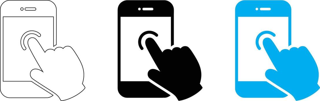 Set of three icons representing a hand touching a smartphone screen, isolated on white background vector