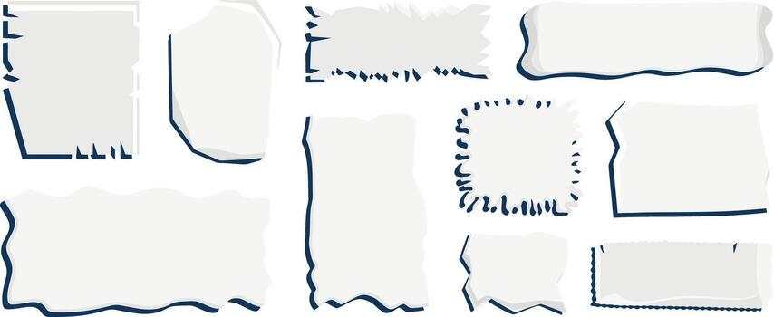 Collection of torn paper scraps with rough edges isolated on white background vector