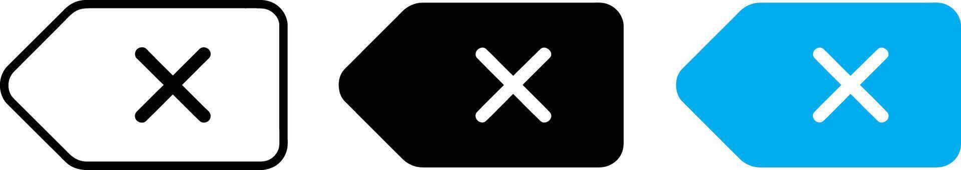 Three delete or backspace key icons with a cross symbol, isolated on white background vector