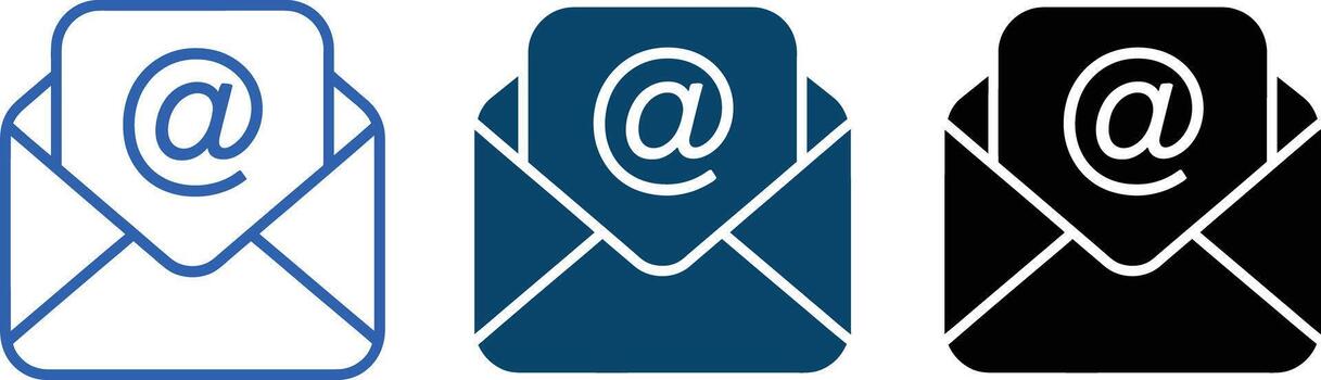 Set of three email icons with at symbol inside an envelope, isolated on white background vector
