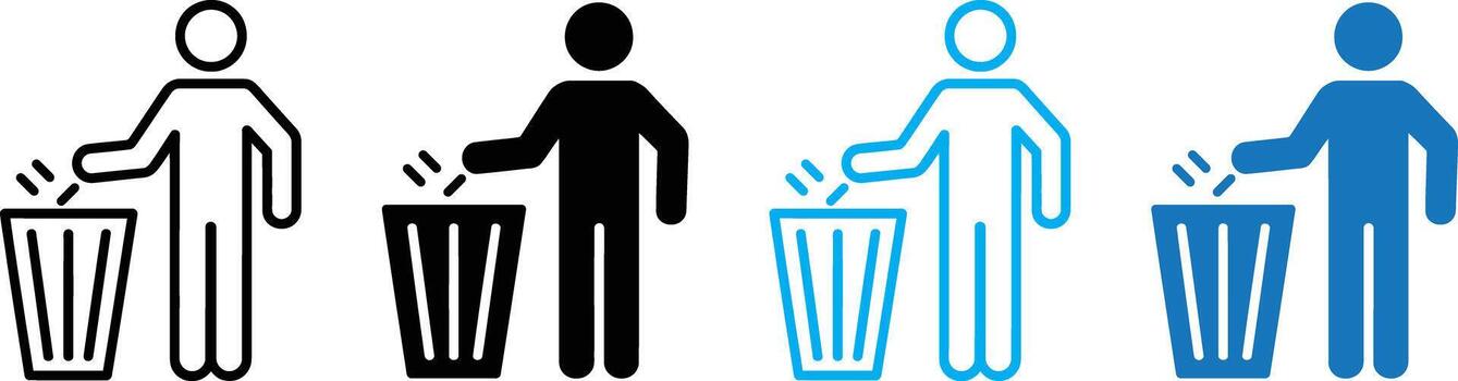 Collection of icons showing a person throwing trash into a bin, isolated on white background vector