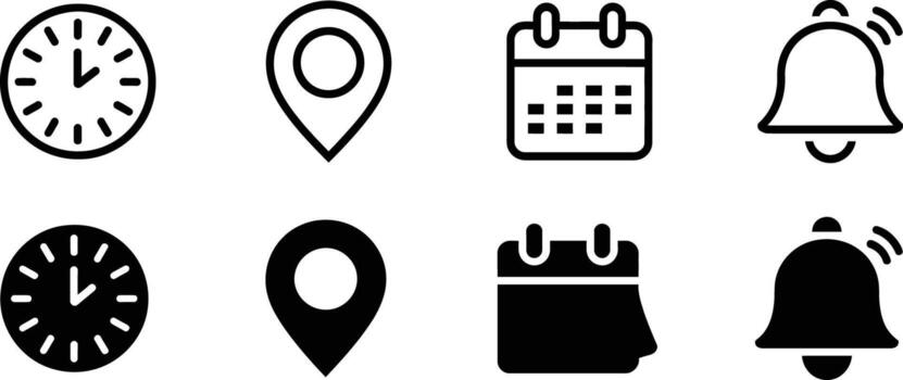Set of four icons clock, map pin, calendar, and bell, in outline and solid styles isolated on white background vector