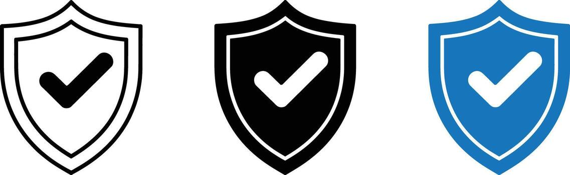 Three shield icons with checkmarks, isolated on white background vector