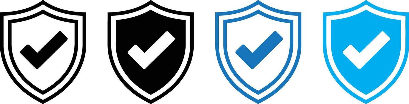Set of four shield icons with checkmarks, vector