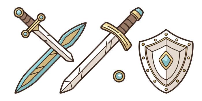 Two crossed medieval swords and a shield with gems weapon crossed swords medieval shield vector