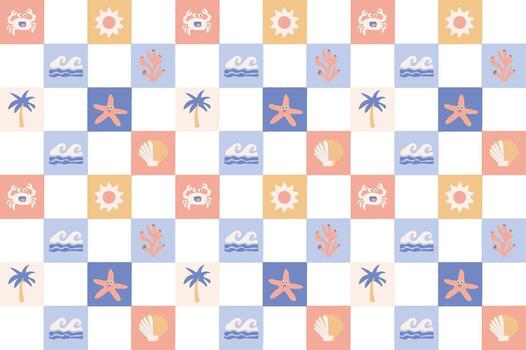 un sin costura verano modelo presentando playa íconos tal como cangrejo, concha, estrella de mar, coral, palma árbol, sol, y Oceano ondas. vector