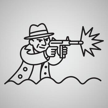 Man in fedora hat firing submachine gun with muzzle flash and wavy lines vector