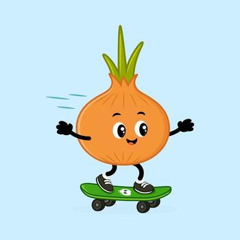 A happy onion character is skateboarding with a cheerful expression vector