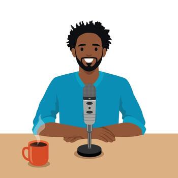 Man recording a podcast with a microphone on the table and a cup of coffee. vector