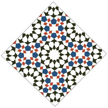 A complex, symmetrical Islamic geometric pattern featuring a central star motif with repeating tessellations and vibrant blue and red details. vector