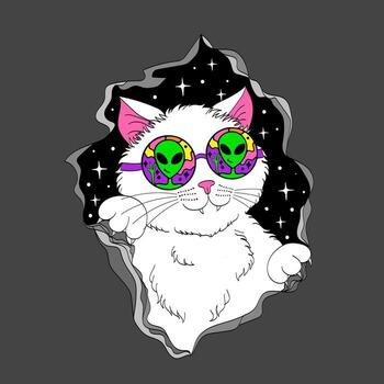 Funny psychedelic groovy white cat in sunglasses, space retro trip vector