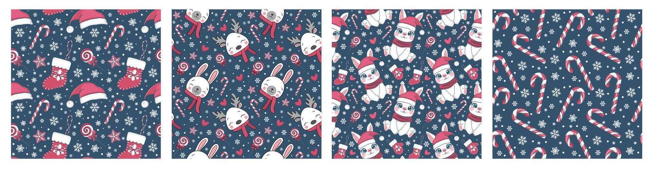 seamless pattern with christmas candy cane caramel and snowflakes, endless background vector