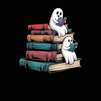 dos juguetón fantasmas son encaramado en un vistoso apilar de libros, cada absorto en lectura. el imagen transporta un caprichoso y alegre tema. vector