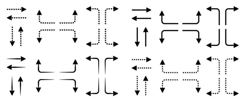 Black dotted and line arrow set, various monochrome outline navigation signs. Linear symbols of up, down, right and left direction. Forward, backward, straight, sideways paths vector