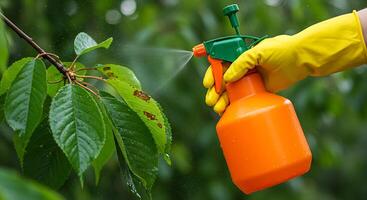 Hand in yellow glove spraying liquid onto diseased plant leaves with brown spots photo