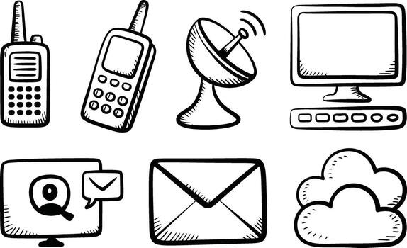 Doodle communication and technology icons with computer vector