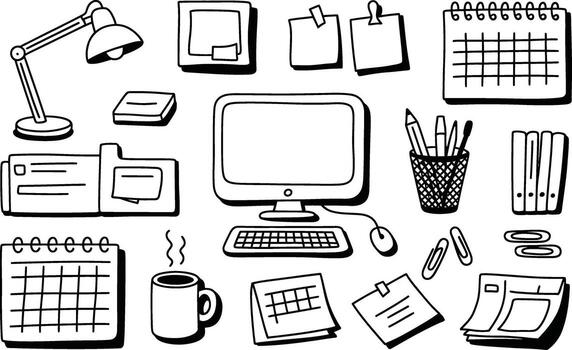 Office and study desk doodle with computer and lamp vector
