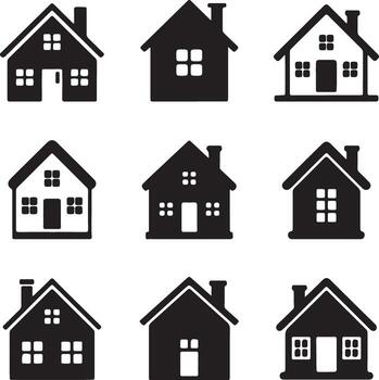 Collection of Black and White House Icons in a Grid Pattern Featuring Various Architectural Styles and Window Placements for Real Estate and Home Design Concepts vector