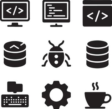nueve elegante negro íconos ilustrando software desarrollo, depuración, y base de datos administración en un profesional ajuste vector