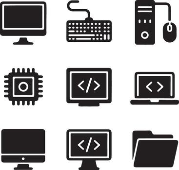 Stylish Collection of Nine Monochrome Computer Icons Desktop, Laptop, Keyboard, Mouse, CPU, and Coding Symbols, Representing Digital Technology and Programming vector