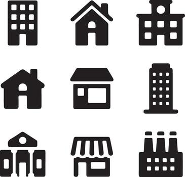 Collection of Architectural Building Icons Representing Different Structures like Homes Offices and Factories for Urban Development vector