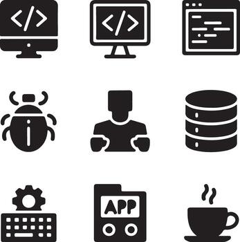 Nine Sleek Black Icons Depicting Software Development, Coding, and Debugging Processes for a Modern Tech Company vector