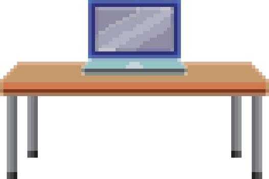 Notebook computer placed on a desk, pixel style vector