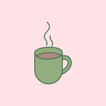 Illustration of a green cup filled with a hot drink with steam rising from it. The simple flat design style and soft pink background create a warm and relaxed feel. vector