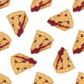 Hand drawn seamless pattern of cherry pie slices with lattice crust in color vector